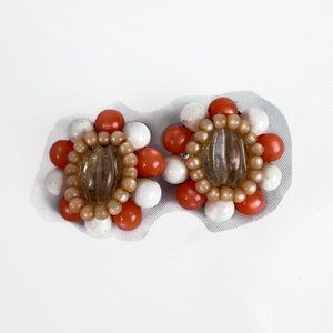 Vintage Beau Jewels Clip On Earrings  Orange White Beads